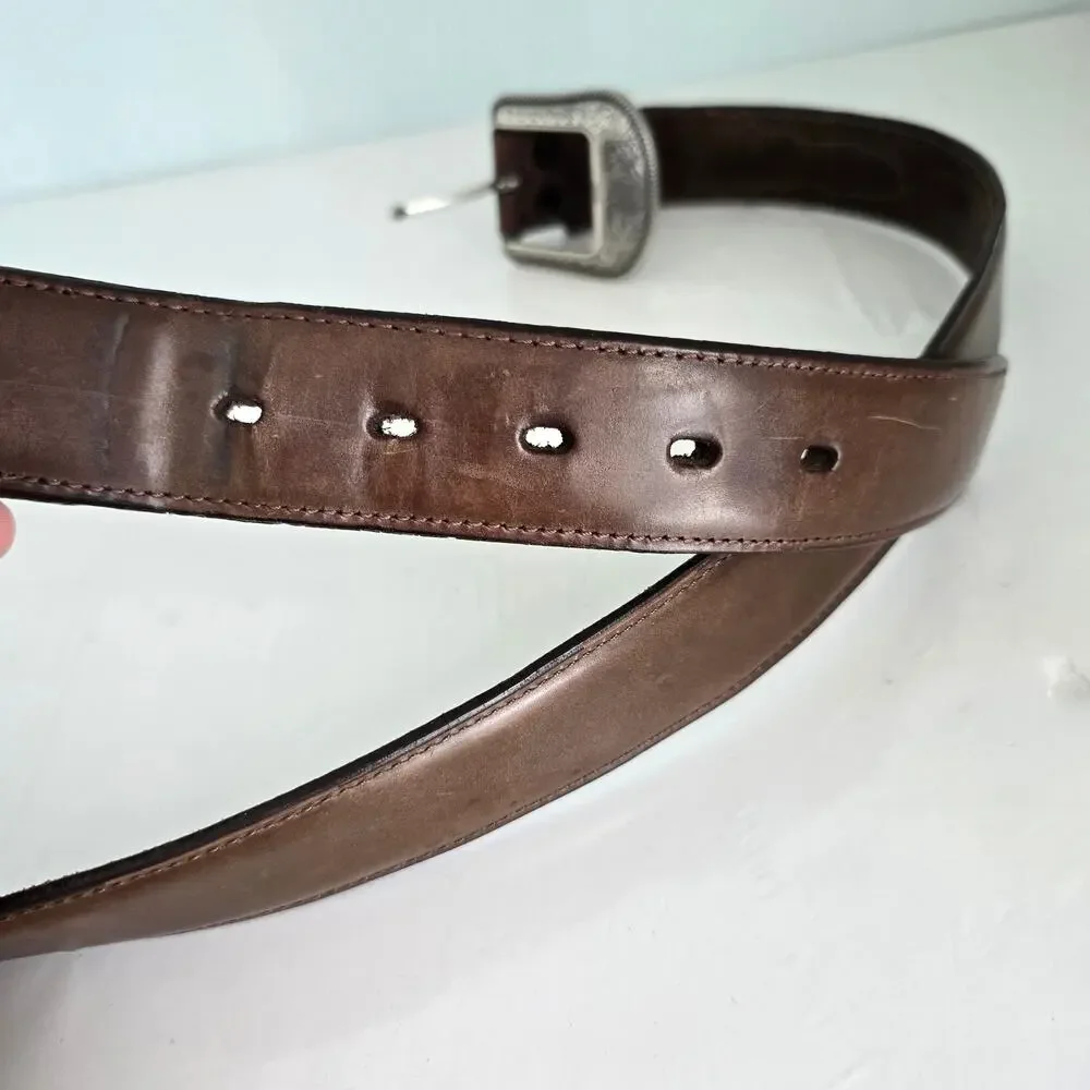 3D Belt Men's 42 Brown Genuine Leather Silver Tone Tooled Buckle Western Cowboy